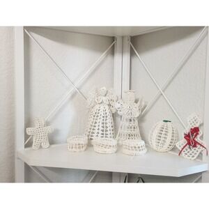 Vtg Lot 8 Christmas Ornaments  Starched Crochet Tree, Basket, Angel Gingerbread